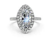 Halo Engagement Ring Setting for Marquise Center with Raised Halo, Pave Band and Prong Head in White Gold