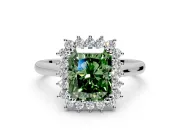 Starburst Halo Engagement Ring Setting for Fancy Green Radiant Cut Center with Thin Round-Wire Band and Prong Head in White Gold