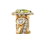 Milgrain Halo Engagement Ring Setting for Fancy Yellow Pear-Shaped Center with Shoulder Bezels and Prong Head in Yellow Gold