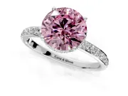 Hidden Halo Engagement Ring Setting for Fancy Pink Round Cut Center with Pave Band and Prong Head in Platinum