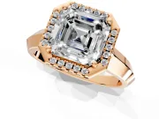 Halo Engagement Ring Setting for Asscher Cut Center with Knife Ridge Cathedral Band and Prong Head in Rose Gold