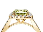 Halo Engagement Ring Setting for Fancy Yellow Asscher Cut Center with Raised Halo, Pave Band and Prong Head in Yellow Gold