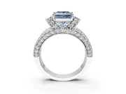 Pave Engagement Ring Setting for Fancy Blue Princess Cut Center with Curved Accent Rows, Openwork and Prong Head in White Gold