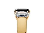 3 Stone Engagement Ring Setting for Fancy Black Emerald Cut Center with Raised Basket Heads and Prong Head in Yellow Gold