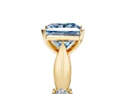 Solitaire Engagement Ring Setting for Fancy Blue Princess Cut Center with Carved Leaf Shoulders and Prong Head in Yellow Gold