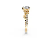 Leaf Motif Engagement Ring Setting for Heart-Shaped Center with Pave Band and Prong Head in Yellow Gold