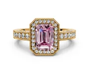 Milgrain Halo Engagement Ring Setting for Fancy Pink Emerald Cut Center with Wide Pave Band and Prong Head in Yellow Gold