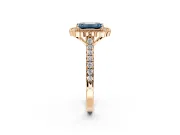 Milgrain Floral Halo Engagement Ring Setting for Fancy Blue Emerald Cut Center with Pave Band and Prong Head in Rose Gold
