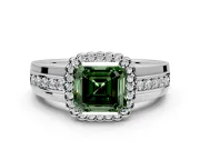 Halo Engagement Ring Setting for Fancy Green Asscher Cut Center with Wide Band, Inlaid Accent Row and Prong Head in Sterling Silver