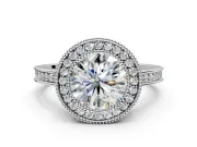 Halo Engagement Ring Setting for Round Cut Center with Milgrain Halo, Pave Band and Prong Head in White Gold