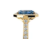 Halo Engagement Ring Setting for Fancy Blue Emerald Cut Center with Pave Accents, Heart Basket and Prong Head in Yellow Gold