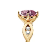 Solitaire Engagement Ring Setting for Fancy Pink Round Cut Center with Accented Twist Band and Leaf Prong Head in Yellow Gold