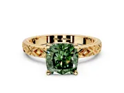 Solitaire Engagement Ring Setting for Fancy Green Cushion Cut Center with Milgrain X Pattern Band and Prong Head in Yellow Gold
