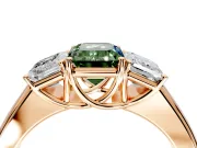 3 Stone Engagement Ring Setting for Fancy Green Emerald Cut Center with Raised Basket Heads and Prong Head in Rose Gold