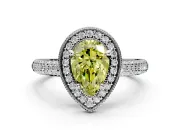 Milgrain Halo Engagement Ring Setting for Fancy Yellow Pear-Shaped Center with Three-Sided Pave Band and Prong Head in Platinum