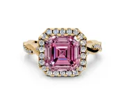 Halo Engagement Ring Setting for Fancy Pink Asscher Cut Center with Twist Band and Prong Head in Yellow Gold