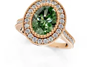Halo Engagement Ring Setting for Fancy Green Oval Center with Milgrain Frame, Pave Band and Prong Head in Rose Gold