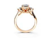 3 Stone Engagement Ring Setting for Radiant Cut Center with Crossover Basket, Pave Band and Prong Head in Rose Gold
