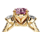 3 Stone Engagement Ring Setting for Fancy Pink Round Cut Center with Crossover Basket, Pave Band and Prong Head in Yellow Gold