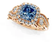 Milgrain Halo Engagement Ring Setting for Fancy Blue Cushion Cut Center with Shoulder Bezels and Prong Head in Rose Gold