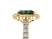 Milgrain Floral Halo Engagement Ring Setting for Fancy Green Emerald Cut Center with Pave Band and Prong Head in Yellow Gold