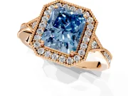 Halo Engagement Ring Setting for Fancy Blue Radiant Cut Center with Milgrain Rim, Pave Band and Prong Head in Rose Gold