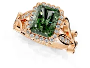 Halo Engagement Ring Setting for Fancy Green Radiant Cut Center with Leaf Motif Split Shank and Prong Head in Rose Gold