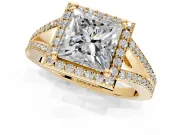 Halo Engagement Ring Setting for Princess Cut Center with Pave Split Shank and Prong Head in Yellow Gold