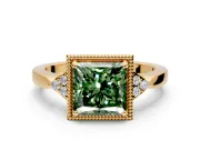 Cluster Engagement Ring Setting for Fancy Green Princess Cut Center with Milgrain Shoulder Clusters and Prong Head in Yellow Gold