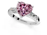 3 Stone Engagement Ring Setting for Fancy Pink Heart-Shaped Center with Tapered Baguettes, Plain Band and Prong Head in Platinum