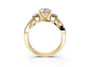 3 Stone Engagement Ring Setting for Oval Center with Pave Split Shank and Prong Head in Yellow Gold