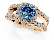 Halo Engagement Ring Setting for Fancy Blue Cushion Cut Center with Wide-Open Pave Split Shank and Prong Head in Rose Gold