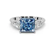 3 Stone Engagement Ring Setting for Fancy Blue Princess Cut Center with Large Pear-Shaped Accents and Prong Head in Platinum
