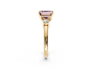 3 Stone Engagement Ring Setting for Fancy Pink Asscher Cut Center with Wide Plain Band and Prong Head in Yellow Gold