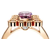 Cluster Halo Engagement Ring Setting for Fancy Pink Emerald Cut Center with Milgrain Bezel Accents and Prong Head in Rose Gold