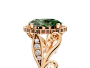 Halo Engagement Ring Setting for Fancy Green Oval Center with Leaf Motif Split Shank and Prong Head in Rose Gold