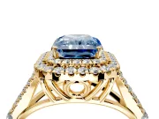 Double Halo Engagement Ring Setting for Fancy Blue Radiant Cut Center with Narrow Pave Split Shank and Prong Head in Yellow Gold