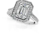 Halo Engagement Ring Setting for Emerald Cut Center with Milgrain Pave Band and Bezel Head in Platinum
