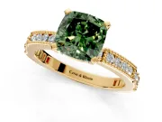 Solitaire Engagement Ring Setting for Fancy Green Cushion Cut Center with Milgrain-Edged Pave Band and Prong Head in Yellow Gold