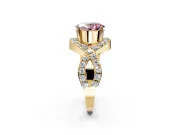 Halo Engagement Ring Setting for Fancy Pink Oval Center with Pave Infinity Twist Band and Prong Head in Yellow Gold