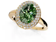 Halo Engagement Ring Setting for Fancy Green Oval Center with Plain Tapered Band and Prong Head in Yellow Gold