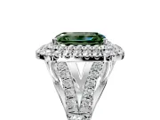 Double Halo Engagement Ring Setting for Fancy Green Emerald Cut Center with Narrow Pave Split Shank and Prong Head in White Gold