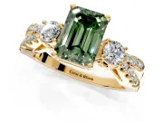 3 Stone Engagement Ring Setting for Fancy Green Emerald Cut Center with Pave Split Shank and Prong Head in Yellow Gold