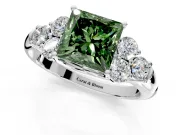 Cluster Engagement Ring Setting for Fancy Green Princess Cut Center with Round Cut Accent Frame and Prong Head in Platinum