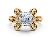 Solitaire Engagement Ring Setting for Princess Cut Center with Twisted Band and Scroll Prong Head in Yellow Gold