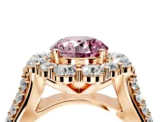 Large Accent Halo Engagement Ring Setting for Fancy Pink Round Cut Center with Pave Split Shank and Prong Head in Rose Gold