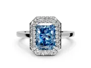Halo Engagement Ring Setting for Fancy Blue Radiant Cut Center with Plain Tapered Band and Prong Head in White Gold