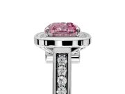 Halo Engagement Ring Setting for Fancy Pink Cushion Cut Center with Outer Bezel Rim, Pave Band and Prong Head in Platinum