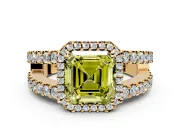 Halo Engagement Ring Setting for Fancy Yellow Asscher Cut Center with Wide-Open Pave Split Shank and Prong Head in Yellow Gold