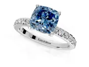 Solitaire Engagement Ring Setting for Fancy Blue Cushion Cut Center with Round Cut Pave Band and Prong Head in White Gold
